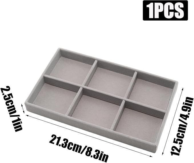 Velvet Jewelry Organizer Trays Gray 6 Grids | Stackable Jewelry Storage Display Tray with Removable Dividers for Drawer Dresser Cloest