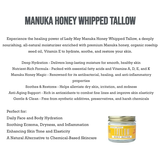 Manuka Honey & Rosehip Body Butter 9 oz - All Natural Beef Tallow Body Moisturizer for Dry Skin - Made with Vitamin E Oil - No Preservatives, Parabens or Seed Oils - USA Made