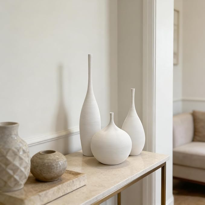 White Ceramic Vase Set of 3, Modern Boho Vases for Centerpiece Decor, Matte Minimalist Decorative White Vases Home Decor, for Living Room, Bookshelf, and Entryway Table Decor