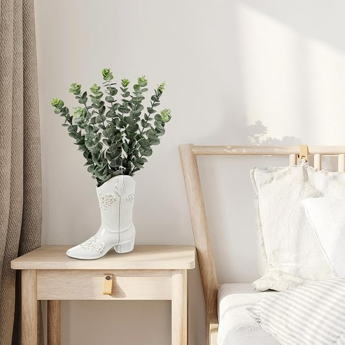 Artificial Eucalyptus Plant in Ceramic Cowboy Boot Vase Faux Greenery Potted Plant for Rustic Farmhouse Decor Western Style Boot Planter with Eucalyptus Stems for Table Centerpiece-18 Inch Tall