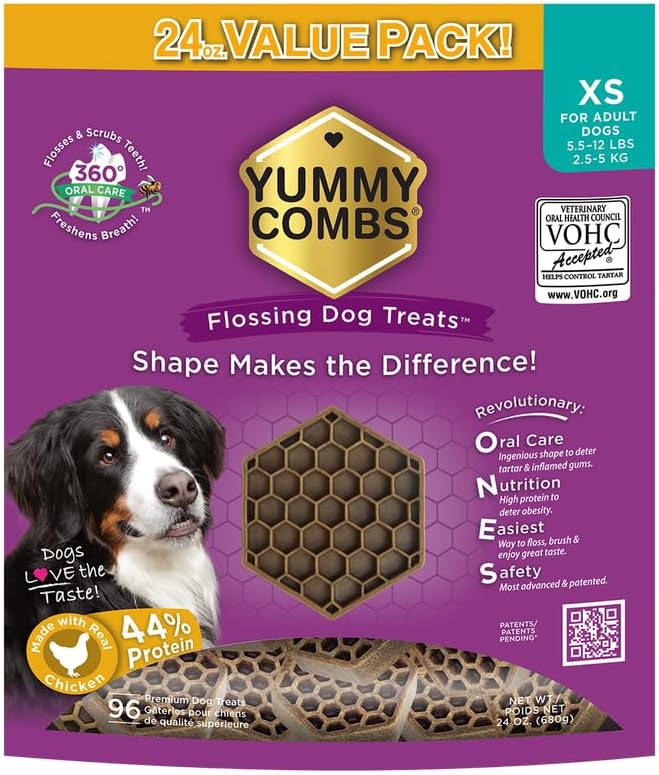 Yummy Combs Dog Dental Treats – Vet VOHC Approved – Delicious Chicken Protein – Removes Tartar with Cleaning Comb Shape – Dental Dog Treats for Extra Small Dogs (24oz, 96 Count)