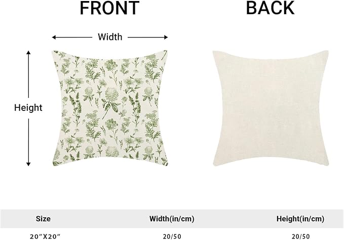 AEIOAE Sage Green Spring Pillow Covers 20x20 Inch Set of 2, Wild Flower Leaves Plant Throw Pillows Case,Seasonal Floral Outdoor Decorative Farmhouse Decor Cushion Covers for Home Sofa Bed Couch