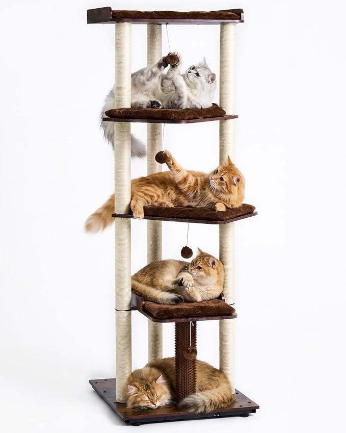 FourFurPets Heavy Duty Cat Tree, 67.7" Cat Tree for Indoor Cats Large Adult, Modern Cat Tower for Large Cats, Cat Tower with Scratching Post, Large Perch and Removable Pads, Rustic Brown