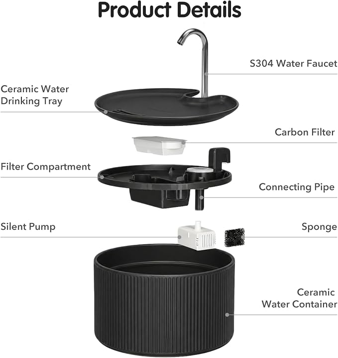 2.2L Ceramic Pet Fountain –Porcelain Pet Water Fountain & Little Dog Drinking Bowl– Automatic Cat Water Dispenser （Black）