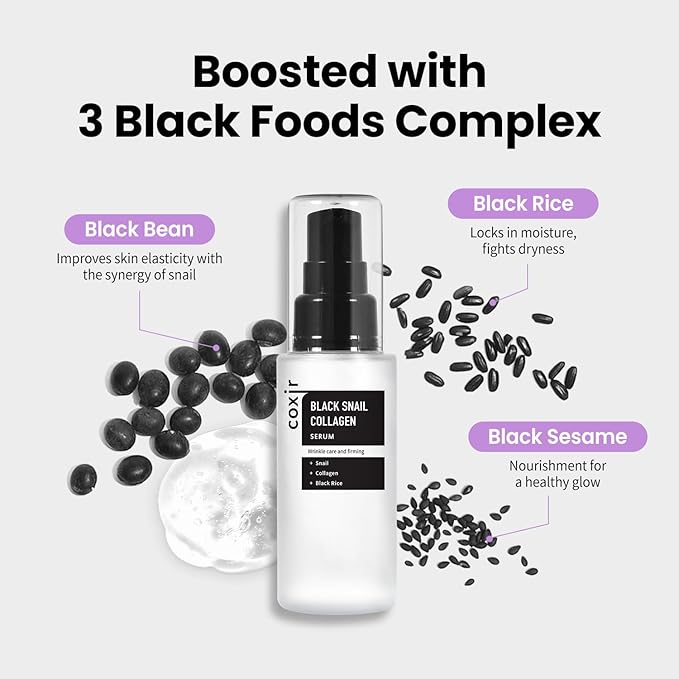 coxir Black Snail Collagen Serum – Concentrated Snail Mucin Essence for Skin Resilience, Hydration & Smooth Texture | Lightweight Korean Facial Serum for Daily Moisture Care(1.69 fl.oz)