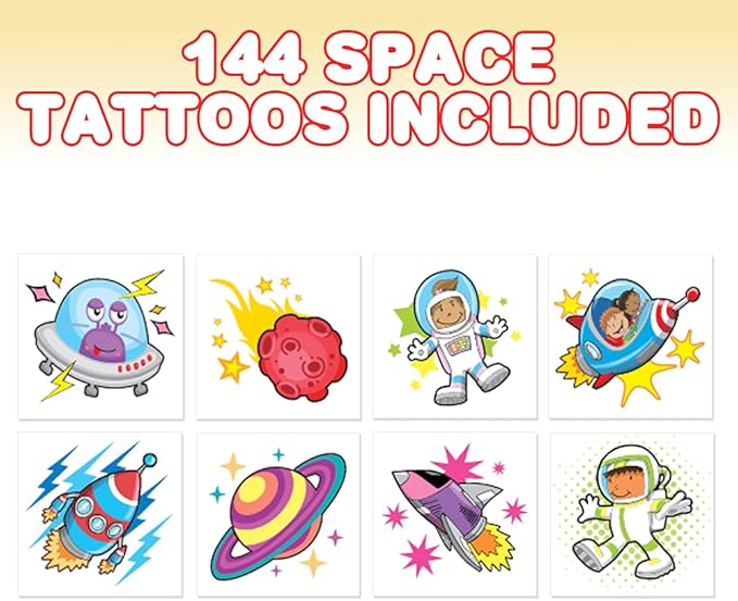 ArtCreativity 144 Individual Outer Space Temporary Tattoos for Kids – 2 Inch Non-Toxic Pre-Cut Astronaut, Alien, Rocket, UFO, Planet Temporary Tattoos - Outer Space Party Favors and Goodie Bag Fillers