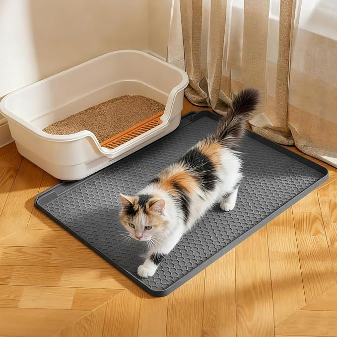 Cat Litter Mat, 24''x20'' Waterproof Silicone Litter Trapping Mat for Litter Box, Soft on Kitty Paws Non-Slip & Easy to Clean (Dark Grey)