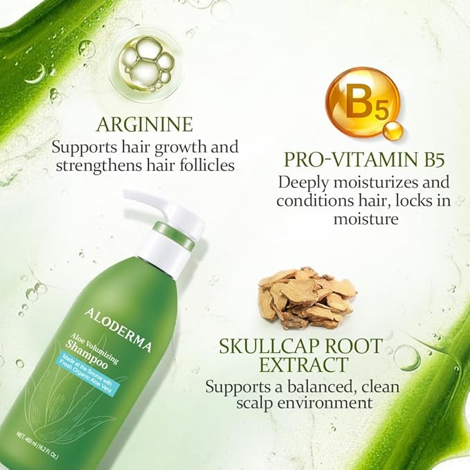 Aloderma Aloe Volumizing Shampoo 16oz - Fresh, Organic Aloe Vera Shampoo (No Water Added) for Fine, Brittle, Thinning Hair - Infused with Arginine & Panthenol - No Alcohol, Parabens, or Mineral Oil