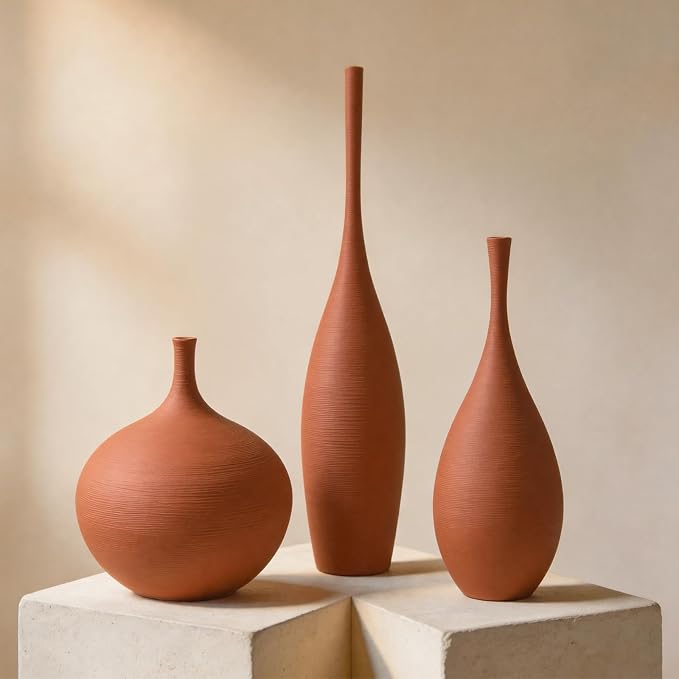 Ceramic Vases Set of 3, Modern Boho Vases for Centerpiece Decor, Matte Terracotta Brown Minimalist Decorative Vases for Home Decor, Living Room, Bookshelf, and Entryway Table Decor
