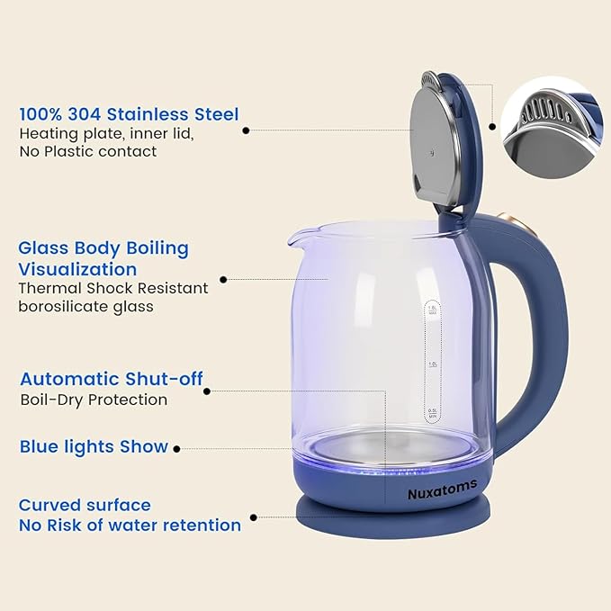 Glass Electric Kettle, No Plastic Contact With Water, 1.8L Electric Tea Pot, Automatic Shut-off, Borosilicate glass Visual Boiling, Water Heater & Teapot Perfect For Tea & Coffee