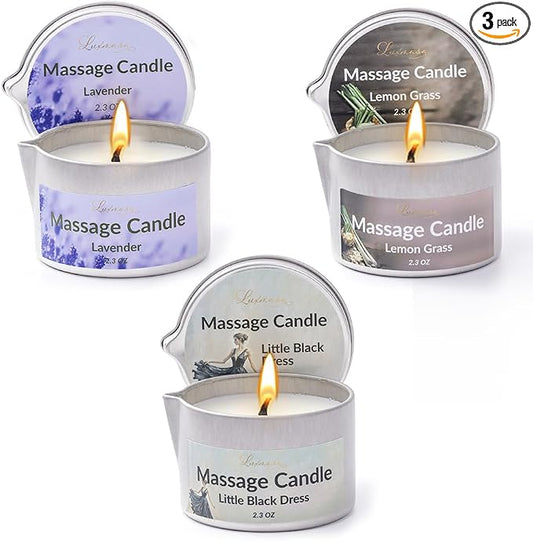 Massage Candle 3 Pack Scented Soy Wax Massage Body Oil for Home SPA, Nourishing Coconut Oil Infused Low Temp Aromatherapy Candle 6.9OZ (Lavender,Lemon Grass,Little Black Dress)