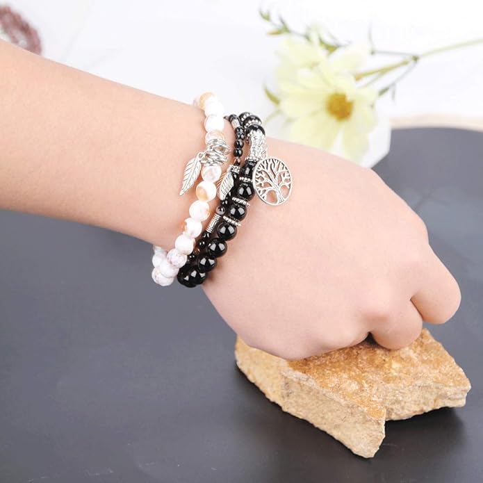 Jardme Healing Crystal Bracelets for Women, 8mm Beaded Natural Stone Stretch Chakra Bracelets Tree of Life Bracelet Jewelry Gifts for Women