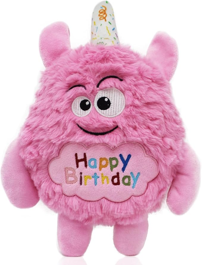 Monster Dog Birthday Toy for Gifts, Stuffed Dog Plush Toy, Pink | Crinkle Squeaky, Soft Lightweight Toy for Fetch and Chew, Interactive Outdoor Indoor Play for Tug, For Puppy Small Medium Dog
