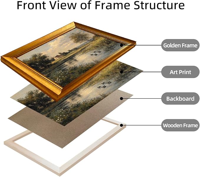 Gold Framed Vintage River Landscape Wall Art With Ducks Cottage Core Artwork Country Landscape Canvas Print for Living Room Bedroom Bathroom Decor