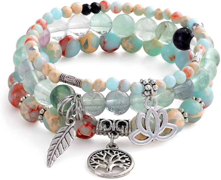 UEUC Tree of Life Yoga Healing Stone Bracelets,Multilayer Lotus Chakra Stone Reiki Bracelet Sets,Anxiety Crystal Natural Stone,for Women Stress Relief
