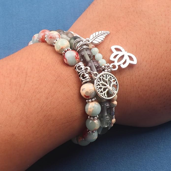 UEUC Tree of Life Yoga Healing Stone Bracelets,Multilayer Lotus Chakra Stone Reiki Bracelet Sets,Anxiety Crystal Natural Stone,for Women Stress Relief
