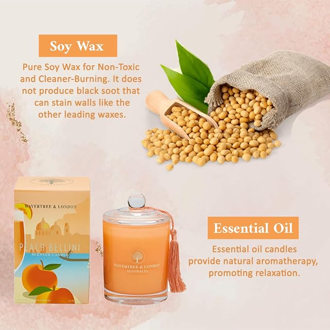 Luxury Peach Bellini Soy Wax Candle - Hand Poured in Australia, 11.66 oz Glass Jar Fancy Candle, Strong Scented, Non-Toxic, Long Lasting 60 Hour Burn, Refreshing Natural Citrus Candle Gift