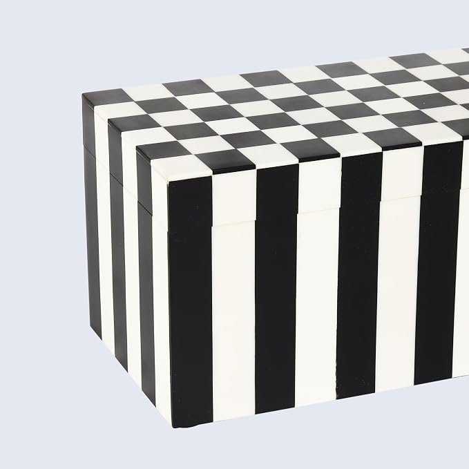 Handicrafts Home Large Decorative Storage Box with Lid, Black and White Keepsake Storage Box, Decorative Jewelry & Memory Box for Coffee Table, Shelf & Bedroom Decor, Puzzle Check - 10 x 5 x 5 Inch