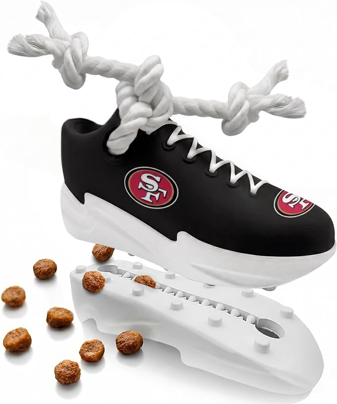 Pets First NFL San Francisco 49ers Cleat Sneaker Spike Dog Toy, Football Treat Dispenser Chew Toy for Dogs, Interactive Rope Tug Toy, Slow Feeder Natural Rubber Dog Toy with Official Team Logo