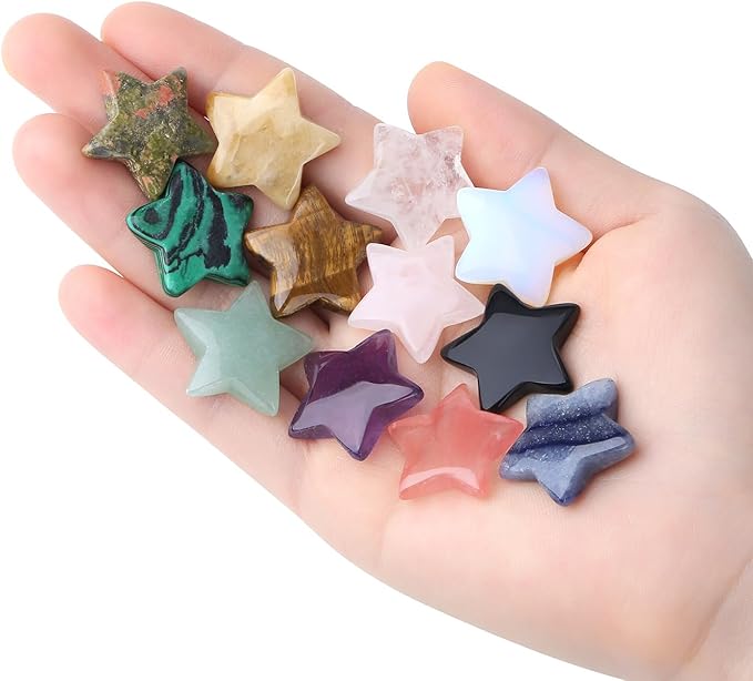 DUQGUHO Star Crystals and Healing Stones 1 inch Star Crystal Ornaments Set Energy Balancing Gemstones Meditation Polished Stone Christmas Ornaments Crystal Gifts for Women 12PCS