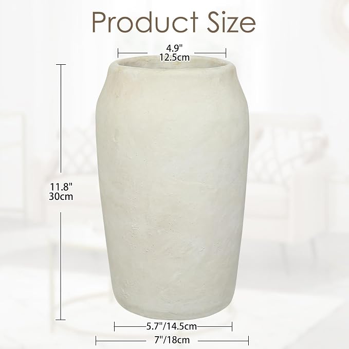 Briful 12'' Large Ceramic Rustic Vases Shabby Vintage Textured, 4.36'' Wide Mouth Pampas Vase for Fake Flowers Branches, Farmhouse Home Décor, Weddings Shelf Table Decor,Beige