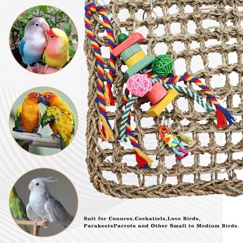 Large Bird Swing Toys, Colorful Parrot Seagrass Mat Hammock with Blocks, Bird Foraging Toy, Bird Cage Accessories, Suitable for Small to Medium Birds Parakeets Lovebirds Cockatiels 15.7 × 11.8 Inches