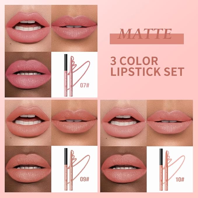12 Colors Matte Lip Liner Pencil – Long Lasting Waterproof Lip Liner, Smudge Proof Transfer Proof Lip Pencil, High Pigment Lip Makeup for Defining & Filling Lips (A4-set:07+09+10, 3PCS)