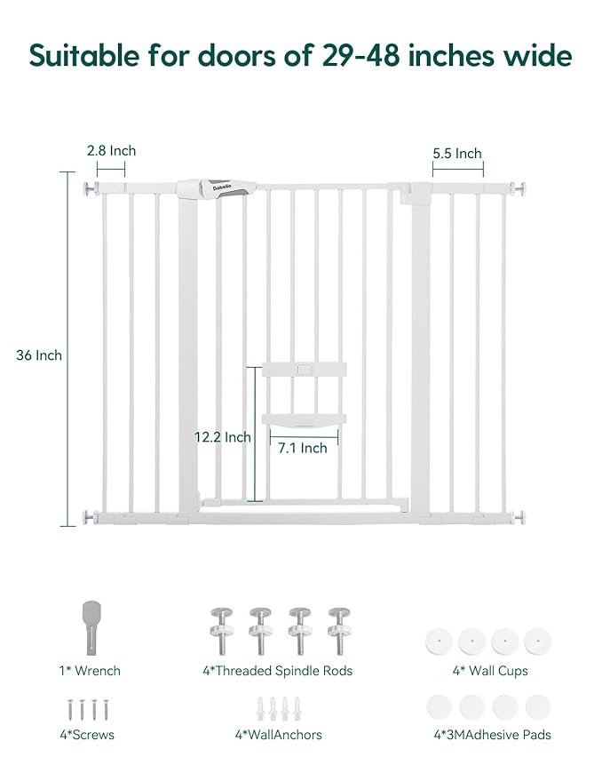 Babelio 36" Tall Baby Gate with Cat Door, CatPrivilege II, 29-48" | Extra Wide Auto-Close Pet Door for Stairs, Doorways & House, 6-Level Adjustable, Wall Cups Included, White