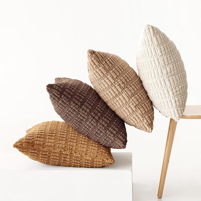 MIULEE Pack of 4 Corduroy Decorative Throw Pillow Covers 18x18 Inch Brown | Neutral Rustic Farmhouse Boho Soft Striped Pillow Covers,Home Decor for Sofa,Living Room,Couch,Bed