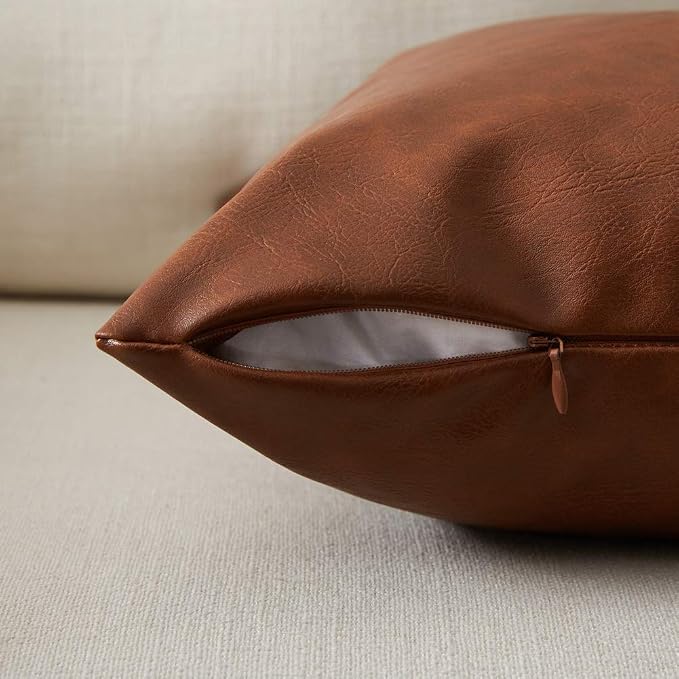 Fancy Homi Faux Leather Boho Decorative Throw Pillow Covers, Thick Modern Solid Square Cushion Case Set for Couch Sofa Bedroom Car Living Room (12x20 Inch/30x50 cm, Brown)