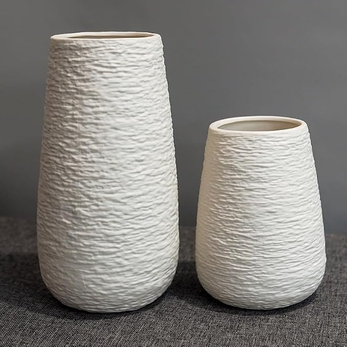 LIFFY Ceramic Flower Vase Set of 2, Home Decor Simple Modern Stereo Grain Table Decorative Vases for Dinning Room, Living Room, Bathroom, Office, Coffee Desk, Fireplace, Gift for Mother, Wife