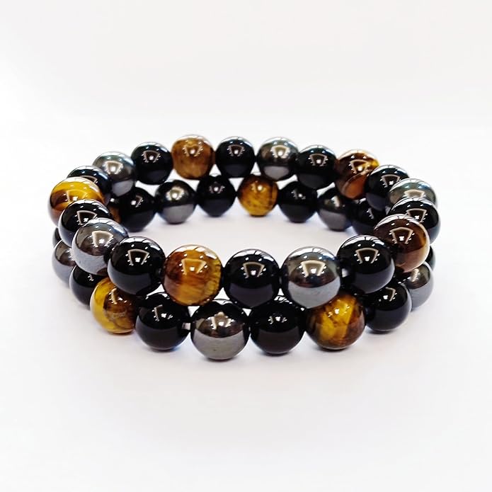 Evil Eye with Hematite Black Obsidian Tiger Eye Stone Triple Protection Bracelets for Men Women, Crystal Healing Stone Bracelet Bring Luck Prosperity and Happiness Jewelry