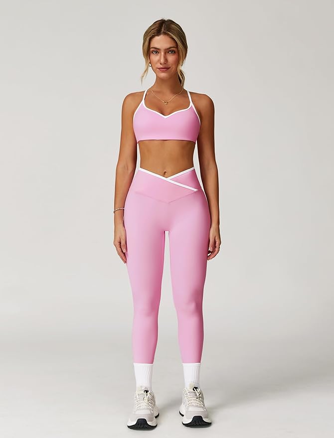 ABOCIW Workout Sets for Women 2 Piece Color Block Strappy Sports Bra High Waist Shorts Gym Yoga Pilates Outfits