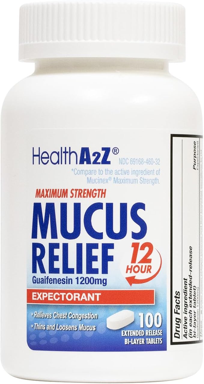 HealthA2Z® Mucus Relief | Guaifenesin 1200 mg | 100 Tablets | 12 Hour | Expectorant | Relieves Chest Congestion | Thins and Loosens Mucus (100 Tablets)