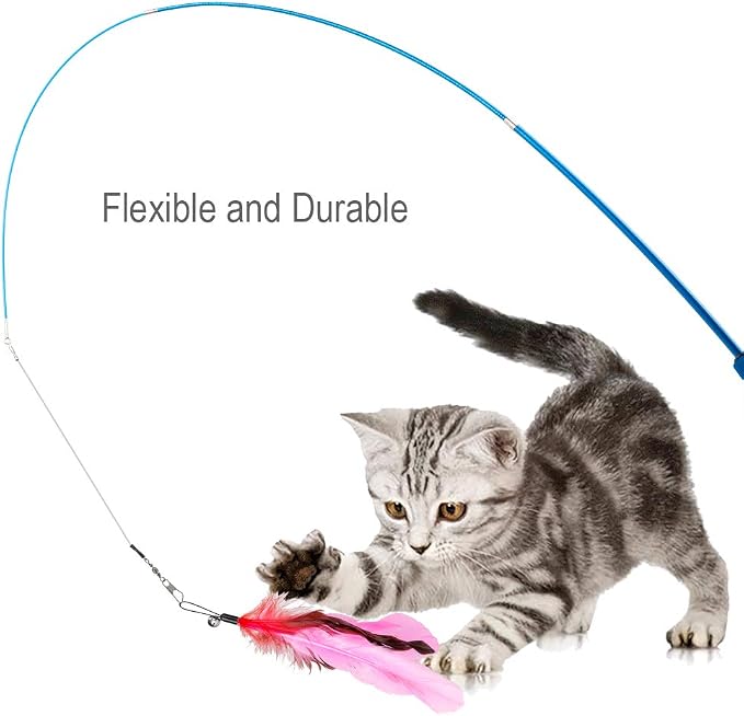 JIARON Cat Toys Interactive Feather Toy, 2PCS Retractable Wand and 10PCS Replacement Teaser with Bell Refills, Interactive Catcher and Funny Exercise for Kitten.