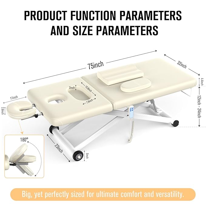 pouseayar Heavy Duty Electric Massage Table, Electric Lift and Electric Backrest 2 Motor Adjustable for Treatment/Medical Spa/Facial Bed/Beauty Bed/Massage Bed and More - 32 Wide x 75 Long - White