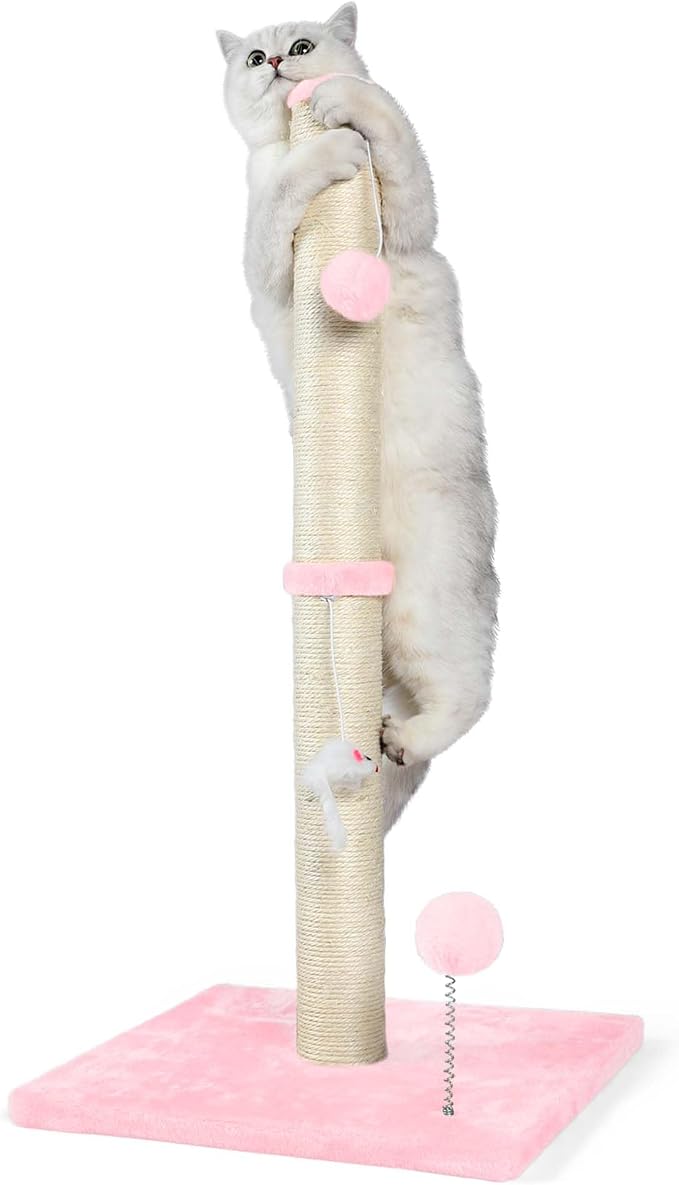 ANWA 32" Tall Sisal Cat Scratching Posts Tree for Indoor Cats Adults, Pink | Sisal Cat Scratcher, Small Space, Cat Post with Dangling Plush Toys for Indoor Cats, 15.7" Stable Base, Cat Furniture