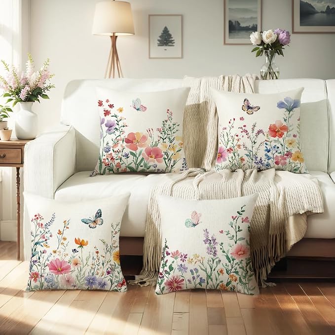 wyooxoo Spring Pillow Covers 18x18 Set of 4 Summer Farmhouse Throw Pillow Covers Floral Butterfly Decorative Cushion Cases for Sofa Couch Patio Bedroom