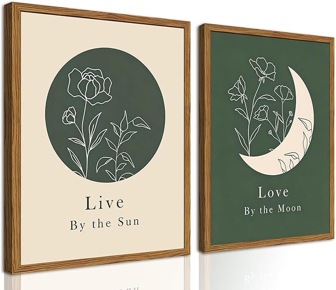 Framed Boho Sun and Moon Wall Art Set of 2, Sage Green Floral Line Pictures Wall Decor, Minimalist Quotes Paintings Mid Century Modern Canvas Prints for Living Room Bedroom Office 12x16 inch