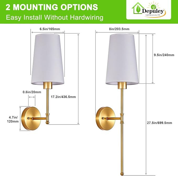 Depuley Battery Operated Wall Sconce: 27" Set of 2 Wireless Wall Lights with Remote for Bedroom - Rechargeable 15 Colors Gold Wall Lamp for Living Room Hallway Decor