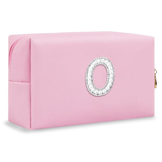 ChaoGreat Bride Gifts – Personalized Initial Makeup Bag with Pearl Rhinestone Patch, Preppy Pink Monogram Cosmetic/Toiletry Pouch, bridesmaid Gifts, Bridal Shower Gifts, Wedding Gifts, Bridal Gifts,O