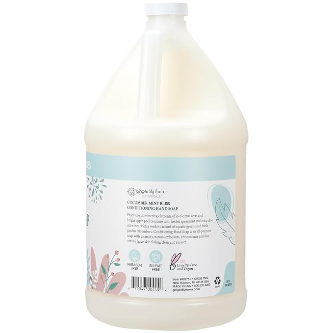 Ginger Lily Farms Botanicals Conditioning Liquid Hand Soap Refill, 100% Vegan & Cruelty-Free, Cucumber Mint Bliss Scent, 1 Gallon (Pack of 4)