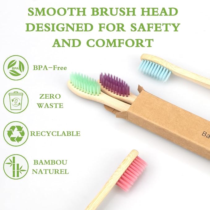 Tooth HaHa Bamboo Toothbrushes, 10 Pack BPA-Free Soft Tapered Bristles, Eco-Friendly, Natural Wooden, Green Toothbrush, Organic Toothbrushes Travel Set