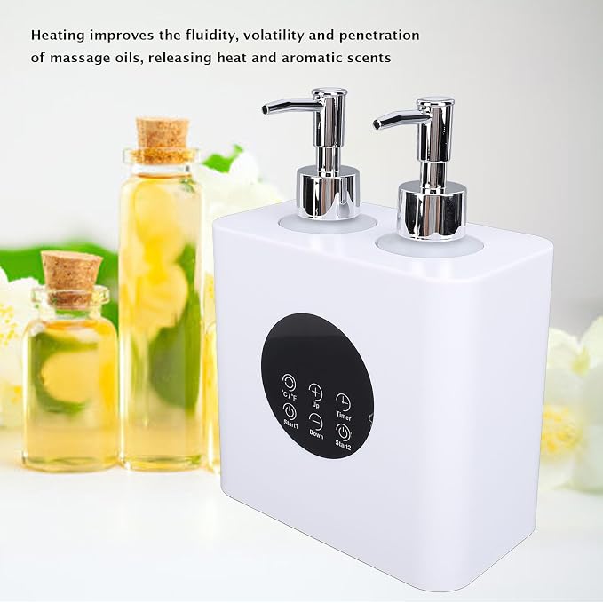 Massage Oil Heater with 4pcs 250ml Bottles, Temperature Range 30-65°C, Boosts Massage Oil Flowing, Dual Holes Adjustable Temperature Oil Warmers (US Plug)
