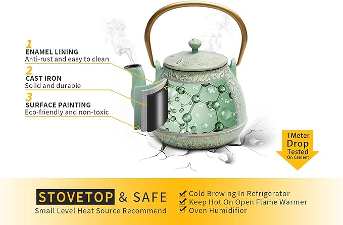 TOPTIER Tea Kettle for Stove Top, Cast Iron Teapot Stovetop Safe with Infusers for Loose Tea, 22 oz, Light Green