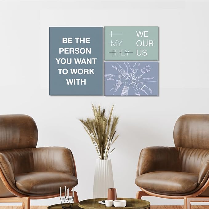 YEOION Motivational Office Wall Art,Inspirational Teamwork Wall Art for Office,Light Blue and Green Positive Teamwork Wall Decor for Workplace Set of 6