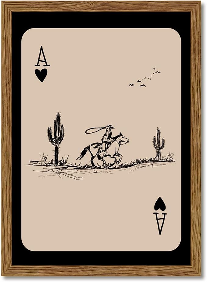 Western Cowboy Wall Art Vintage Southwest Wall Decor Painting, Western Playing Card Canvas Prints, Retro Cactus Sketch Artwork for Bedroom Living Room 12x16 inch Wood Framed