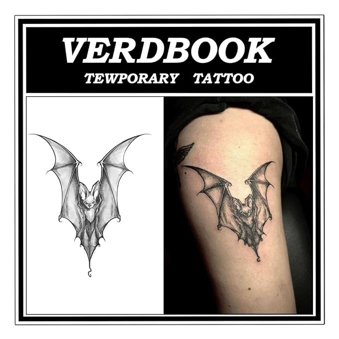 Waterproof Temporary Tattoos: 2-Sheet Tattoo Kit with Realistic Body Stickers, Semi-Permanent Tattoos for Adults Lasting 7-15 Days – Safe for Men & Women, Bat Tattoo Pattern