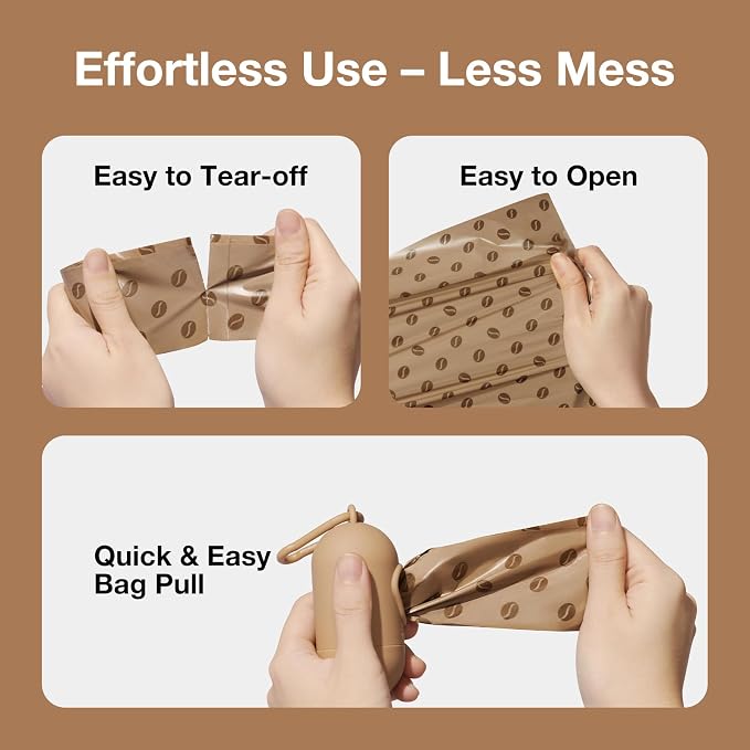 VETRESKA Dog Poop Bags Dispenser with Coffee Scented Waste Bags, 105 Counts | Leak Proof, Extra Thick & Strong Pet Waste Bags for Dogs and Cats, 1 Holder and 7 Rolls