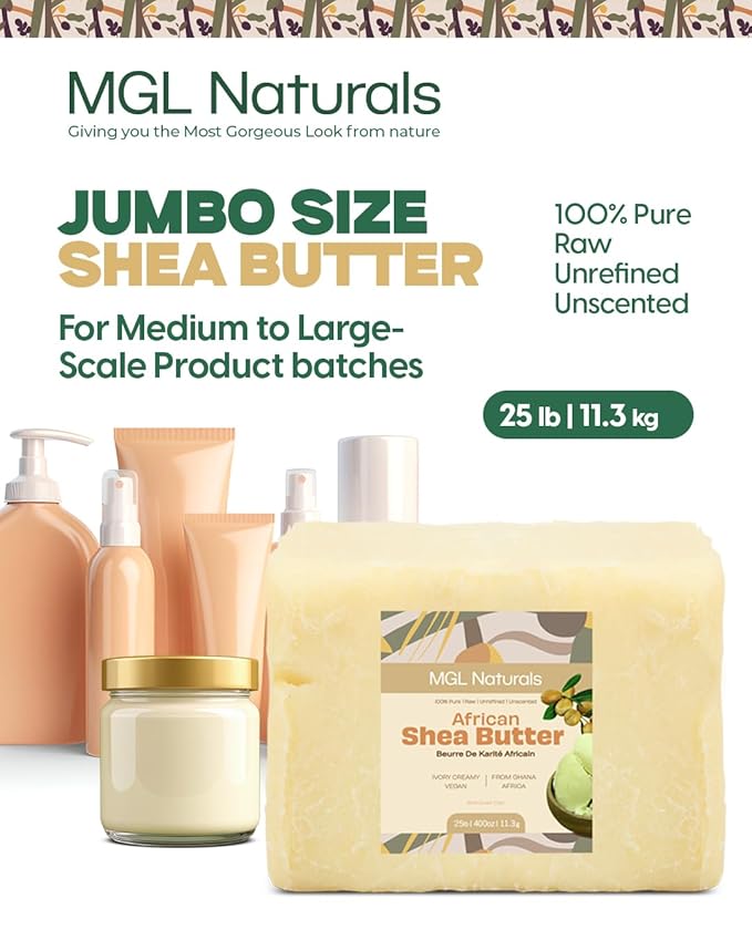 MGL Naturals Raw African Shea Butter Ivory 25 lb, 100% Pure and Unrefined. Nourish and moisturize skin and hair. Use alone or DIY recipes. From Ghana, West Africa. (25 lb)